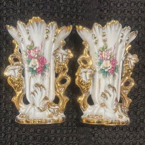 Vintage Victorian Style White Porcelain Vases with Gold Trim